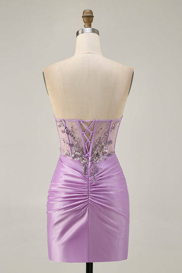 Sparkly Lilac Bodycon Strapless Short Prom Dress with Lace Up Back